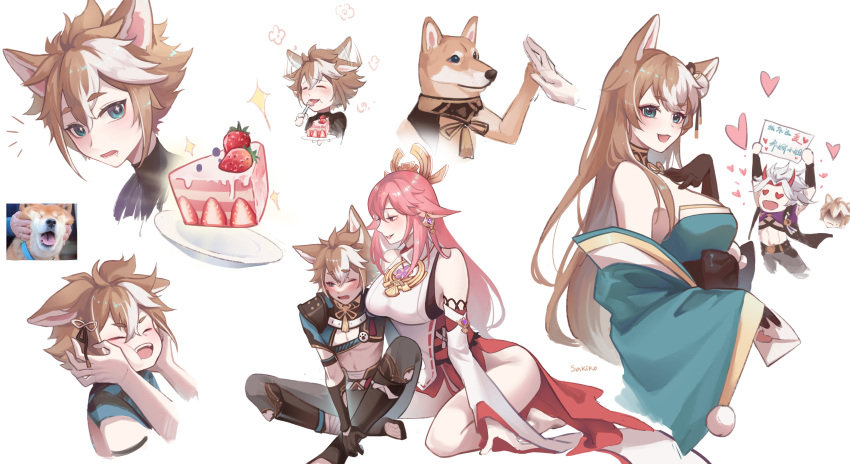 2boys 2girls absurdres animal_ears arataki_itto armor bare_shoulders black_gloves blue_eyes blush breasts brown_hair cake detached_sleeves dog_boy dog_ears dog_tail floppy_ears food fox_ears genshin_impact gloves gorou_(genshin_impact) green_kimono hair_between_eyes hair_ornament hands_on_another's_cheeks hands_on_another's_face heart heart-shaped_pupils highres hina_(genshin_impact) igote japanese_armor japanese_clothes kano_sakiko kimono large_breasts long_hair looking_at_viewer multicolored_hair multiple_boys multiple_girls nontraditional_miko parted_lips pink_hair pom_pom_(clothes) pom_pom_hair_ornament purple_eyes shiba_inu short_hair smile strawberry_shortcake streaked_hair symbol-shaped_pupils tail white_hair wide_sleeves yae_miko