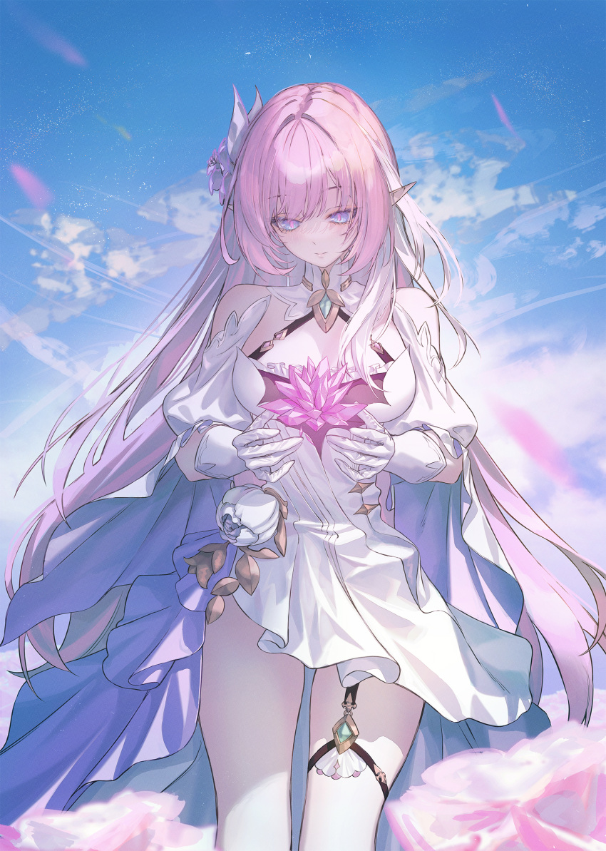 1girl bare_shoulders blue_eyes breasts brooch cloud commentary cowboy_shot dress elbow_gloves elysia_(herrscher_of_human:ego)_(honkai_impact) elysia_(honkai_impact) gloves hair_ornament highres honkai_(series) honkai_impact_3rd jewelry large_breasts looking_down neon_(pixiv_31150749) pink_hair pink_pupils pointy_ears puffy_short_sleeves puffy_sleeves short_sleeves sky smile solo thigh_strap white_dress white_gloves