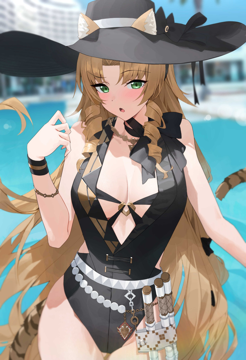 1girl absurdres animal_ears arknights black_headwear black_one-piece_swimsuit breasts center_opening drill_hair drill_sidelocks ears_through_headwear green_eyes hat highres large_breasts long_hair looking_at_viewer one-piece_swimsuit open_mouth pool raitho sidelocks solo swimsuit swire_(arknights) swire_the_elegant_wit_(arknights) tail tiger_ears tiger_girl tiger_tail water