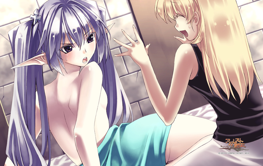 2girls agarest_senki agarest_senki_(series) angry blanket blonde_hair breasts closed_eyes company_name copyright_name dutch_angle fyuria_(agarest_senki) game_cg highres hirano_katsuyuki long_hair luana_(agarest_senki) multiple_girls official_art pale_skin pointy_ears purple_eyes sideboob silver_hair small_breasts sweat topless twintails