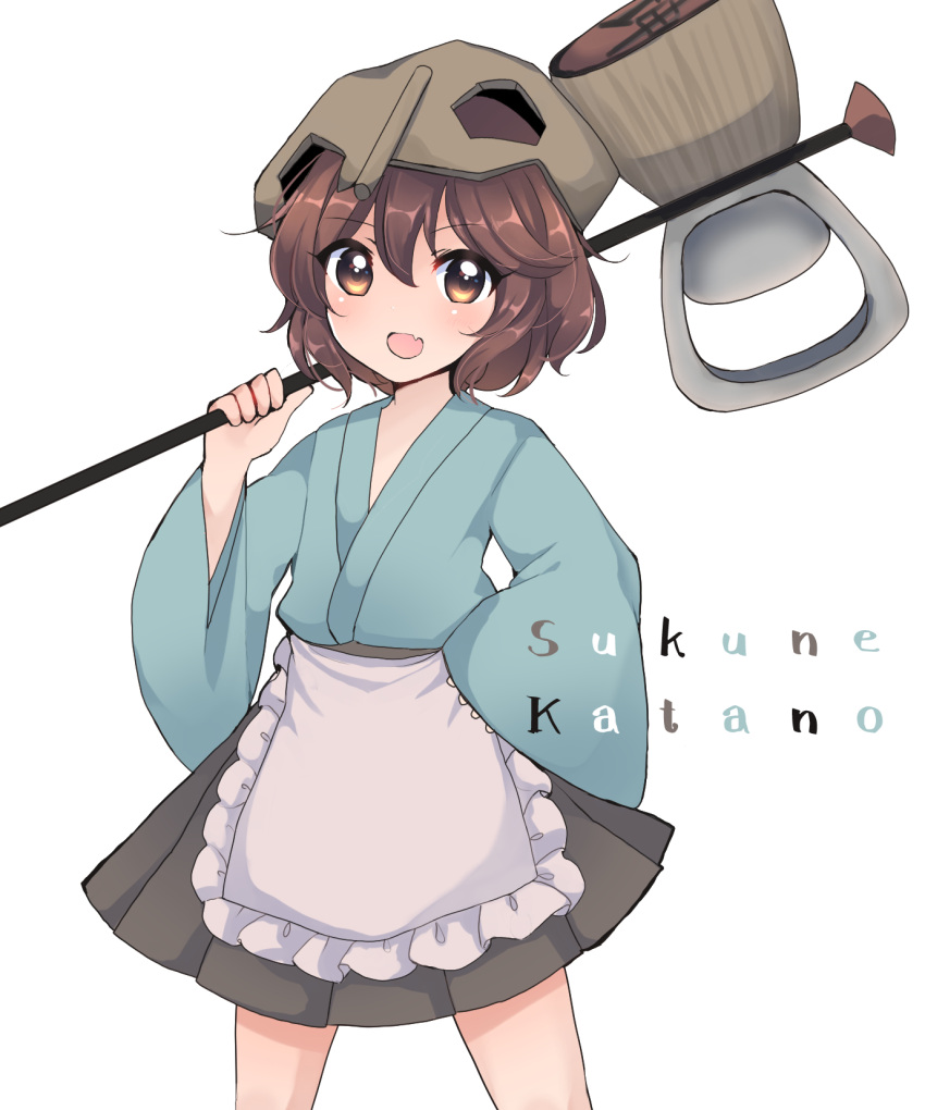 1other androgynous apron blue_kimono brown_eyes brown_hair brown_headwear character_name commentary_request cowboy_shot fang frilled_apron frills hair_between_eyes hakama hakama_short_skirt hakama_skirt hand_on_own_hip helmet highres holding japanese_clothes katano_sukune katano_sukune's_bottle_opener kimono len'en long_sleeves open_mouth other_focus ougi_hina short_hair simple_background skin_fang skirt smile solo waist_apron white_apron white_background wide_sleeves