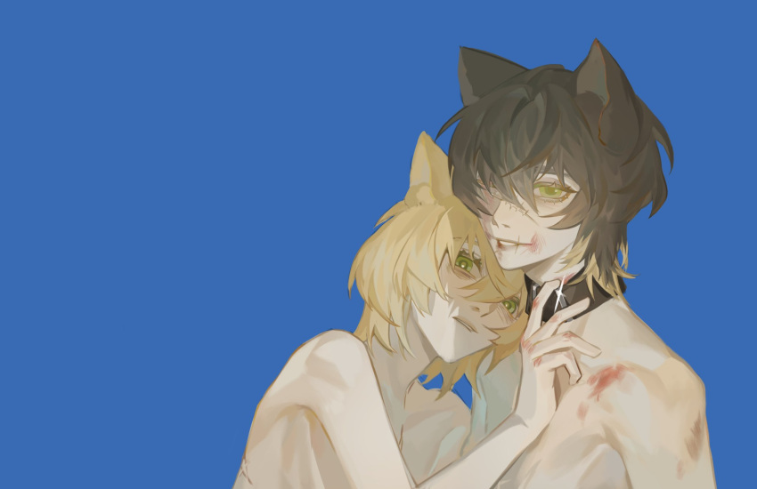 2boys age_difference aged_down animal_ears black_hair blonde_hair blood blood_on_chest blue_background cat_ears collar colored_tips english_commentary expressionless green_eyes highres kemonomimi_mode leaning_on_person lunarlessrkgk male_focus medium_hair messy_hair multicolored_hair multiple_boys scar scar_on_face skinny slow_damage smile topless_male towa_(slow_damage) upper_body