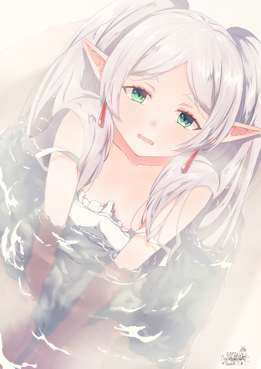 1girl bathing collarbone drop_earrings earrings frieren green_eyes highres jewelry long_hair looking_at_viewer nightgown open_mouth parted_bangs partially_submerged pointy_ears solo sousou_no_frieren steam strap_slip twintails white_hair white_nightgown yuri_pekko