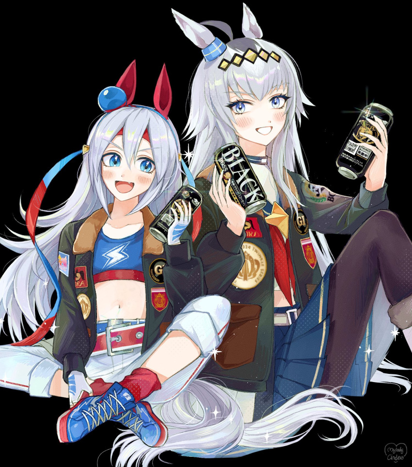 2girls ahoge belt black_background black_jacket blue_eyes blue_footwear blue_hairband blue_skirt blue_sports_bra boots boss_coffee breasts can cherrydeswa commentary_request ear_ornament fang fur-trimmed_boots fur-trimmed_footwear fur_trim grey_hair grin hair_between_eyes hair_ornament hairband highres holding holding_can horse-drawn horse_girl horse_tail indian_style jacket long_hair long_sleeves midriff multicolored_hair multiple_girls navel neckerchief oguri_cap_(umamusume) open_mouth pants patch red_belt red_hairband red_neckerchief red_socks shirt shoes simple_background sitting skirt small_breasts smile sneakers socks sparkle sports_bra streaked_hair suntory tail tamamo_cross_(umamusume) two-tone_hairband umamusume very_long_hair white_belt white_footwear white_pants white_shirt