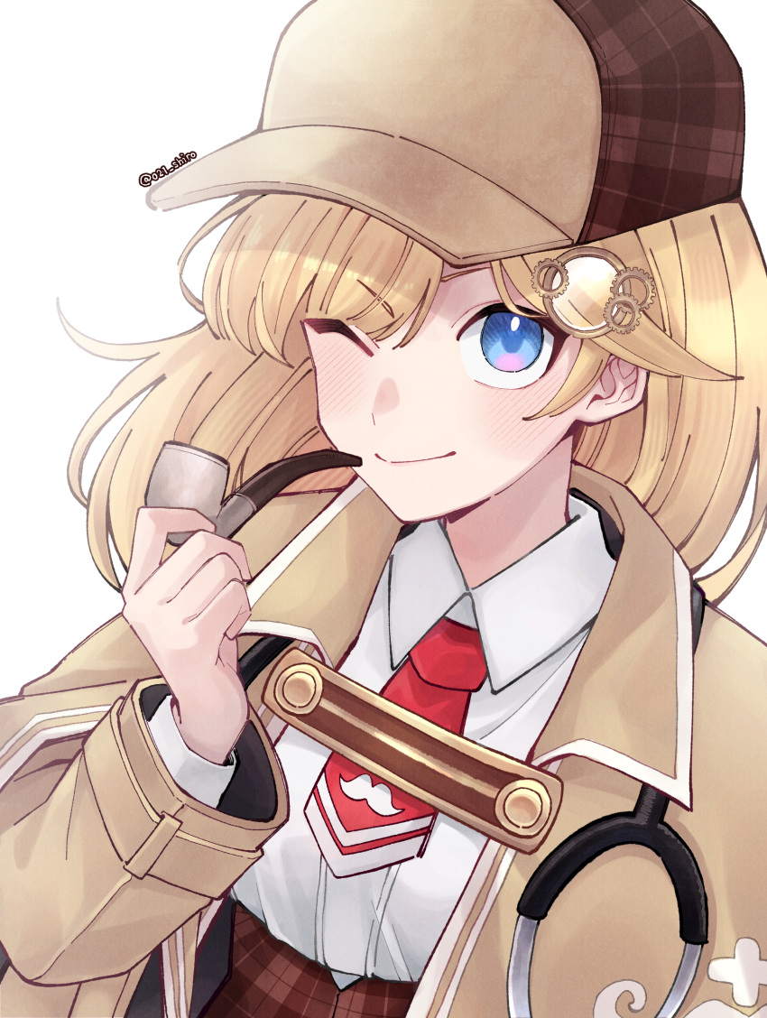 021_shiro 1girl absurdres blonde_hair blue_eyes blush closed_mouth collared_shirt highres holding holding_smoking_pipe hololive hololive_english long_hair long_sleeves looking_at_viewer necktie one_eye_closed red_necktie shirt smile smoking_pipe solo stethoscope virtual_youtuber watson_amelia watson_amelia_(1st_costume) white_shirt