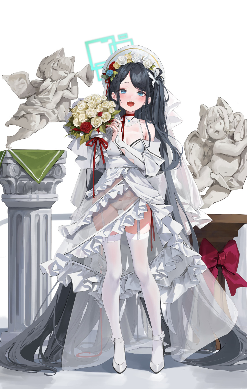 1girl absurdly_long_hair absurdres aris_(blue_archive) ass_visible_through_thighs black_hair blue_archive blue_eyes blue_flower blue_rose blush bouquet bow bow_panties breasts bridal_gauntlets commentary dress flower frilled_dress frills full_body garter_belt hair_ornament halo highres holding holding_bouquet jewelry leviathan_(hikinito0902) long_hair looking_at_viewer open_mouth panties parted_bangs red_bow red_flower red_ribbon red_rose revealing_clothes ribbon rose see-through small_breasts solo standing statue teeth thighhighs thighs underwear upper_teeth_only very_long_hair wedding_dress white_dress white_flower white_footwear white_headwear white_panties white_rose white_thighhighs
