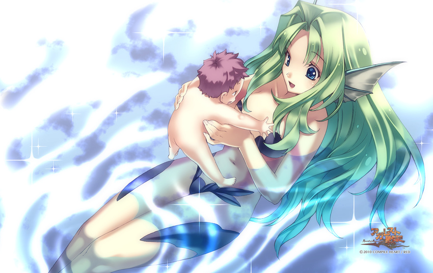 2010 agarest_senki agarest_senki_(series) baby bare_legs blue_eyes carrying company_name copyright_name fins from_above game_cg green_hair highres hirano_katsuyuki long_hair nude official_art partially_submerged purple_hair reverie_(agarest_senki) sitting smile strapless_bottom water