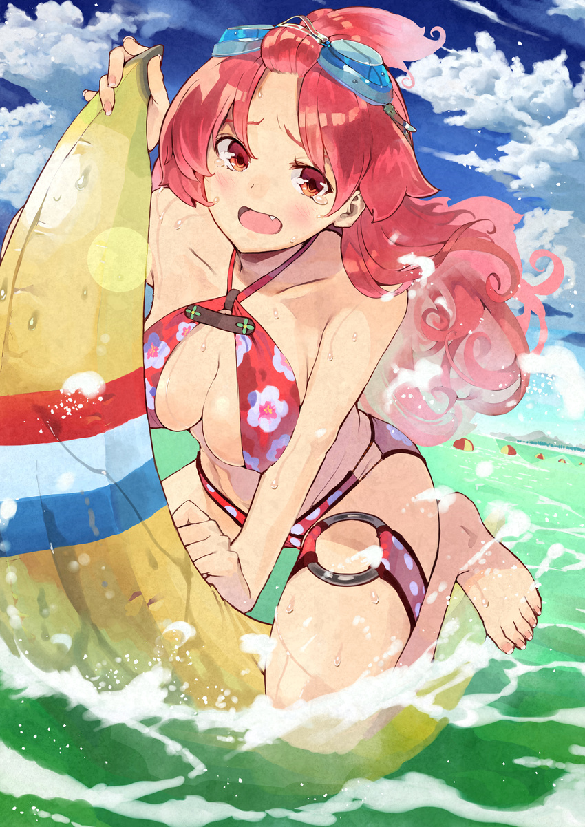 absurdres banana_boat barefoot bikini fang furukawa_itsuse goggles goggles_on_head highres long_hair ocean original red_eyes red_hair riding solo swimsuit topknot water wet