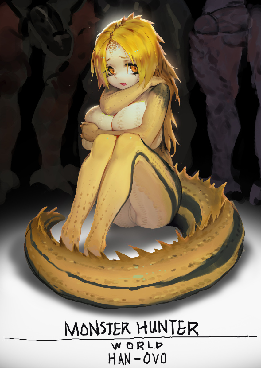 1girl 3boys absurdres artist_name black_background blonde_hair breasts colored_skin completely_nude copyright_name covering_breasts covering_privates deep_skin dragon_girl dragon_tail english_text eyeliner facial_mark great_jagras han-0v0 hand_on_own_shoulder hand_up highres huge_breasts knees_up long_hair looking_at_viewer makeup monster_hunter:_world monster_hunter_(series) multicolored_skin multiple_boys nude on_ground orange_eyes out_of_frame parted_bangs penis personification pussy scared sitting solo solo_focus spikes tail white_skin yellow_skin yellow_theme