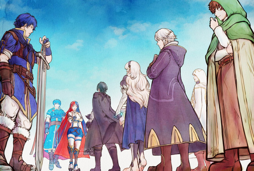 2girls 6+boys alear_(female)_(fire_emblem) alear_(fire_emblem) armor belt blue_hair blue_sky book boots brown_hair byleth_(fire_emblem) byleth_(male)_(fire_emblem) cape closed_mouth coat coat_on_shoulders commentary_request corrin_(female)_(fire_emblem) corrin_(fire_emblem) crossed_arms day fingerless_gloves fire_emblem fire_emblem:_mystery_of_the_emblem fire_emblem:_the_blazing_blade fire_emblem:_three_houses fire_emblem_awakening fire_emblem_engage fire_emblem_fates fire_emblem_heroes full_body fur_trim gloves gold_trim hairband holding holding_book hood hood_down kiran_(fire_emblem) kiran_(male)_(fire_emblem) knee_boots kris_(fire_emblem) kris_(male)_(fire_emblem) long_hair long_sleeves mark_(fire_emblem:_the_blazing_blade) marth_(fire_emblem) multiple_boys multiple_girls outdoors pants puffy_sleeves red_hair robin_(fire_emblem) robin_(male)_(fire_emblem) short_hair short_sleeves skirt sky smile sword thighhighs tiara tohka_sd weapon white_hair zettai_ryouiki