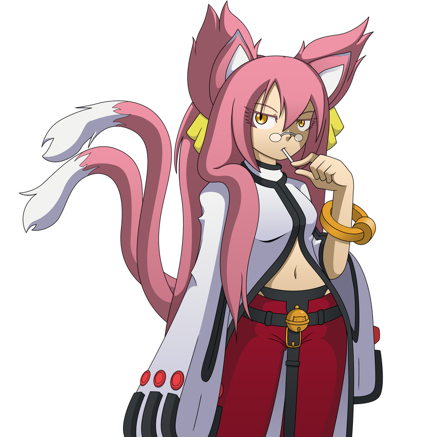 animal_ears blazblue candy clothed clothing ears_up eyewear female glasses hair hi_res kokonoe lollipop long_hair looking_at_viewer nekomata orange_eyes panties pink_hair red_pants ribbons rockmanzxadvent solo underwear video_games