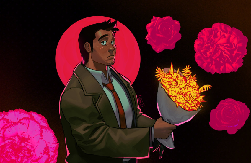 1boy ace_attorney black_background black_hair bouquet brown_coat closed_mouth coat collared_shirt dick_gumshoe flower frown goatee_stubble highres holding holding_bouquet kukustar_(kukuu) long_sideburns long_sleeves looking_at_viewer male_focus necktie pink_flower red_necktie shirt short_hair sideburns signature solo upper_body yellow_flower