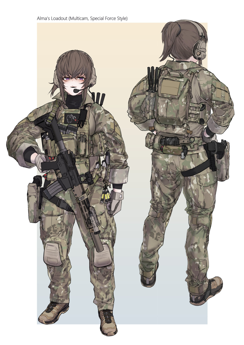 1girl absurdres alma01 alternate_hair_color assault_rifle border brown_footwear brown_gloves brown_hair camouflage camouflage_jacket camouflage_pants cargo_pants character_name ear_protection english_commentary english_text full_body gloves glowstick green_eyes gun gun_sling hair_tie hand_on_own_hip handgun highres holster holstered jacket knee_pads knife load_bearing_vest long_sleeves looking_at_viewer m4_carbine magazine_(weapon) microphone military military_operator mole mole_under_eye multiple_views original pants parted_lips plate_carrier ponytail pouch radio rifle scar scar_on_face short_hair sidelocks simple_background solo_focus tactical_clothes weapon white_border woodland_camouflage