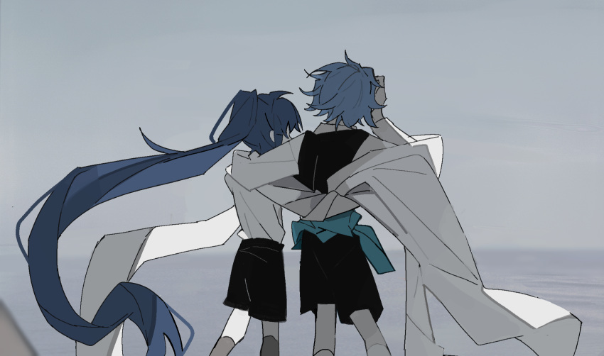 2boys akira_(male)_(mahoutsukai_no_yakusoku) aqua_jacket arm_around_neck arm_around_waist black_shorts black_vest blue_hair cape character_request check_character clothes_around_waist cloud cloudy_sky collared_shirt feet_out_of_frame from_behind grey_socks hand_on_own_head highres jacket jacket_around_waist kneehighs long_hair long_sleeves mahoutsukai_no_yakusoku male_focus multiple_boys ocean outdoors over-kneehighs oz_(mahoutsukai_no_yakusoku) ponytail shirt shorts sky socks thighhighs tiankong_yiji very_long_hair vest white_cape white_shirt white_sleeves white_socks yaoi