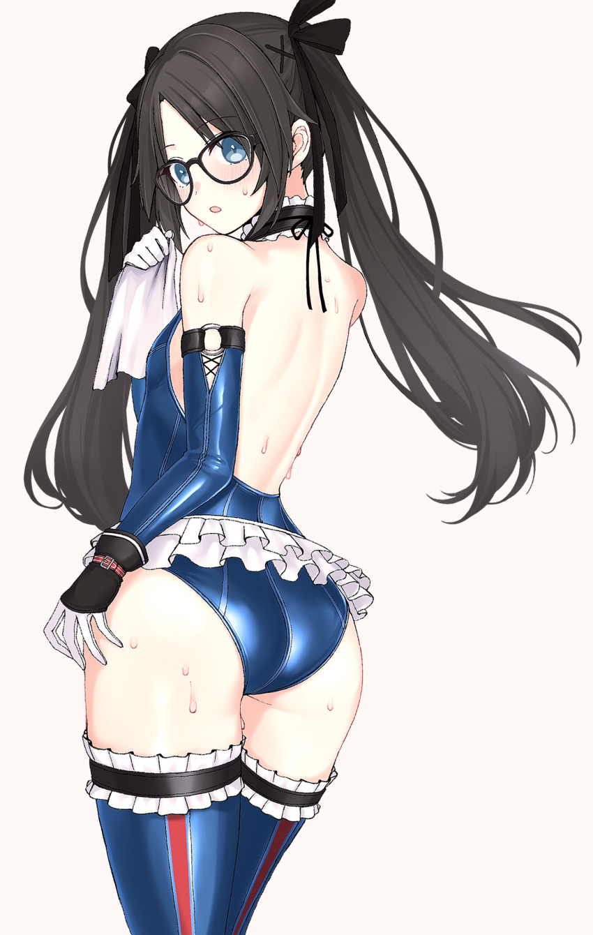 1girl :o absurdres ass backless_outfit black_hair blue_eyes blue_leotard blush cosplay cowboy_shot dead_or_alive dead_or_alive_5 elbow_gloves glasses gloves hair_ornament hair_ribbon hairclip highres holding holding_towel idolmaster idolmaster_shiny_colors leotard long_hair looking_back marie_rose marie_rose_(cosplay) mitsumine_yuika ribbon simple_background solo sweat taiyou-n towel twintails white_background