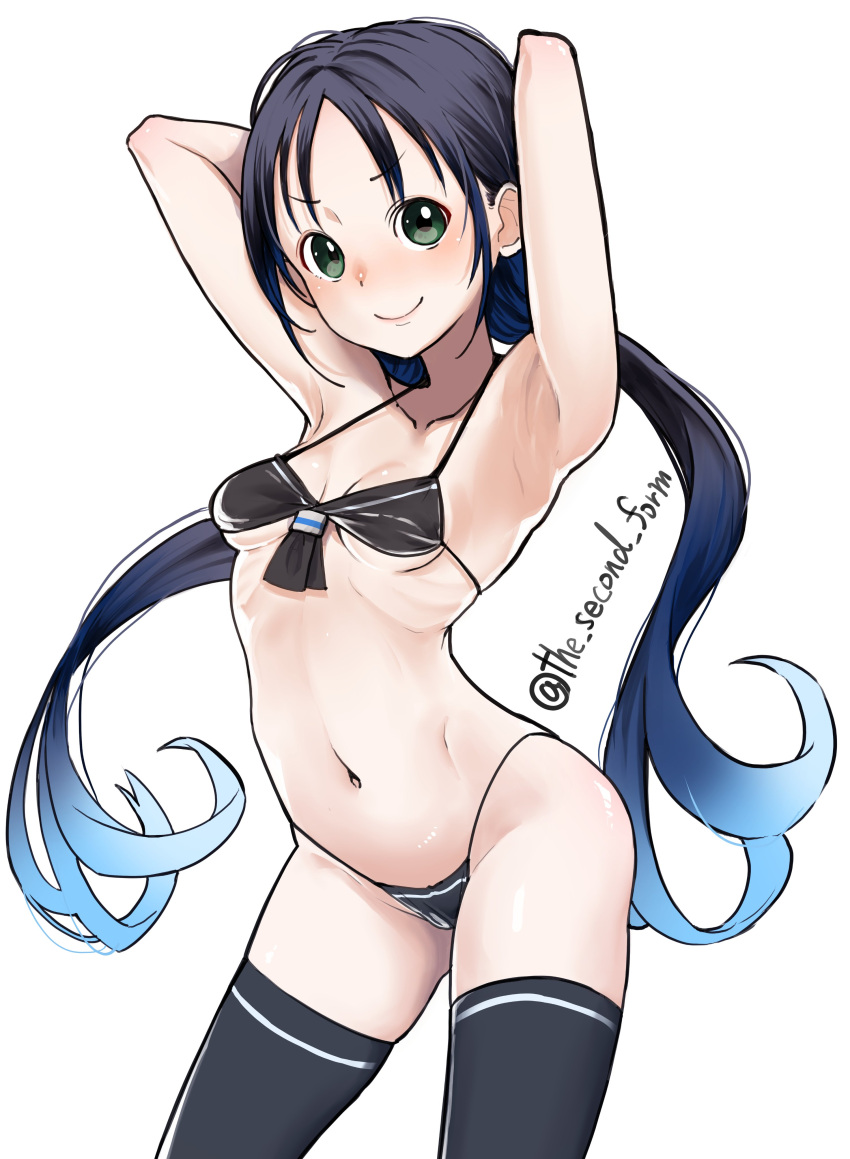 1girl absurdres alternate_costume armpits arms_behind_head bikini black_bikini black_hair black_thighhighs blue_hair breasts contrapposto front-tie_bikini_top front-tie_top gradient_hair green_eyes highres kantai_collection long_hair low_twintails multicolored_hair one-hour_drawing_challenge simple_background small_breasts smile solo suzukaze_(kancolle) swimsuit the_second_form thighhighs twintails twitter_username white_background