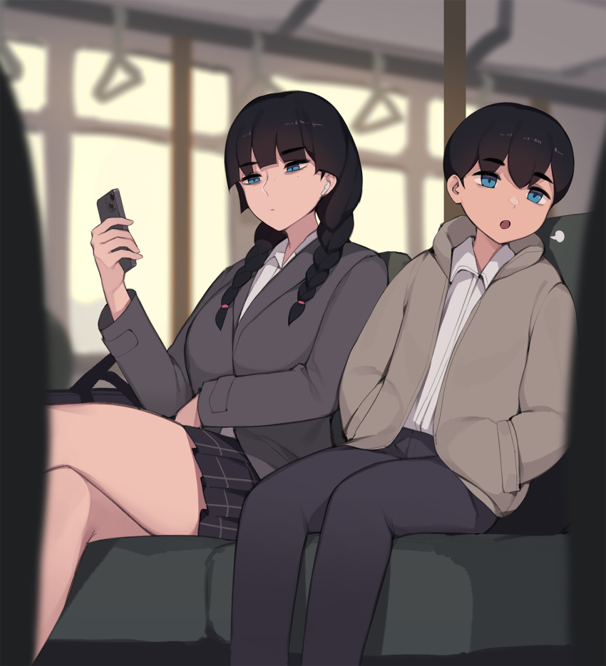 1boy 1girl age_difference blue_eyes braid brother_and_sister bus_interior cellphone hands_in_pockets highres holding holding_phone open_mouth original pepper0 phone shirt siblings sister_(pepper0) sitting skirt twin_braids white_shirt