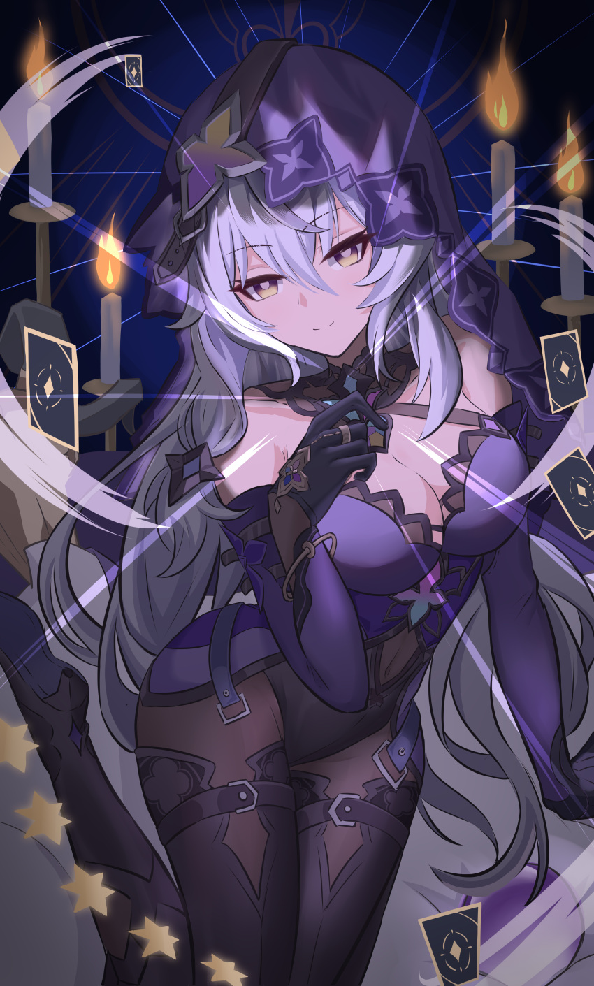 1girl absurdres bare_shoulders black_gloves black_swan_(honkai:_star_rail) bodystocking breasts candle card cleavage covered_navel dress elbow_gloves floating gloves grey_hair hair_between_eyes highres honkai:_star_rail honkai_(series) large_breasts long_hair mfym8525 purple_dress purple_gloves sleeveless sleeveless_dress solo veil very_long_hair yellow_eyes