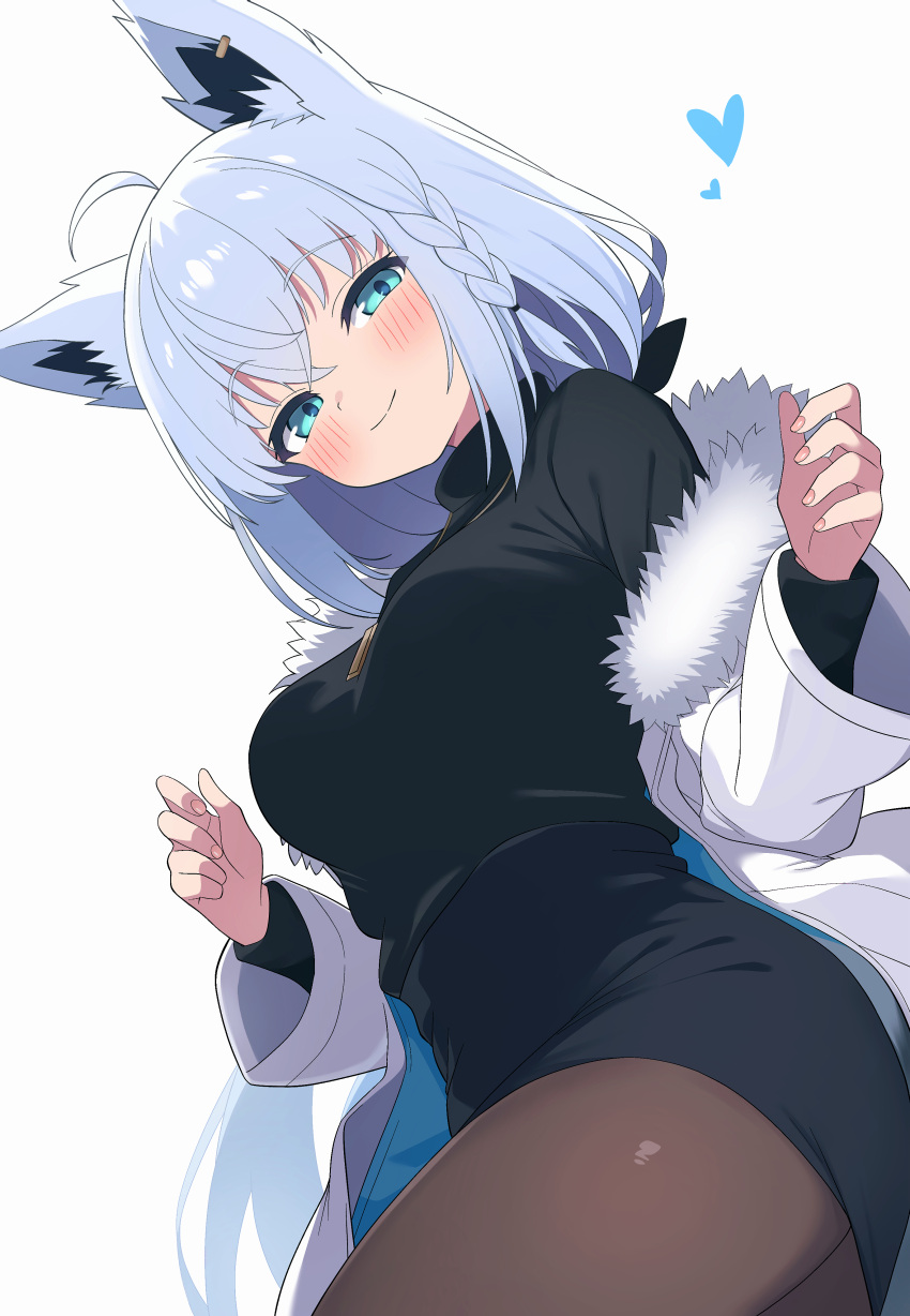 1girl absurdres ahoge animal_ear_fluff animal_ears arm_up black_bow black_shirt black_sleeves blue_heart blush bow braid brown_thighhighs coat earrings fox_ears fox_girl fox_tail from_below fur-trimmed_coat fur_trim green_eyes hair_between_eyes hair_bow heart high-waist_skirt highres hiroikara_(smhong04) hololive jewelry long_hair long_sleeves looking_at_viewer looking_down off-shoulder_sweater off_shoulder pendant shirakami_fubuki shirt side_braid sidelocks single_braid single_earring skirt smile solo sweater tail thighhighs turtleneck_shirt virtual_youtuber w_arms white_background white_coat white_hair