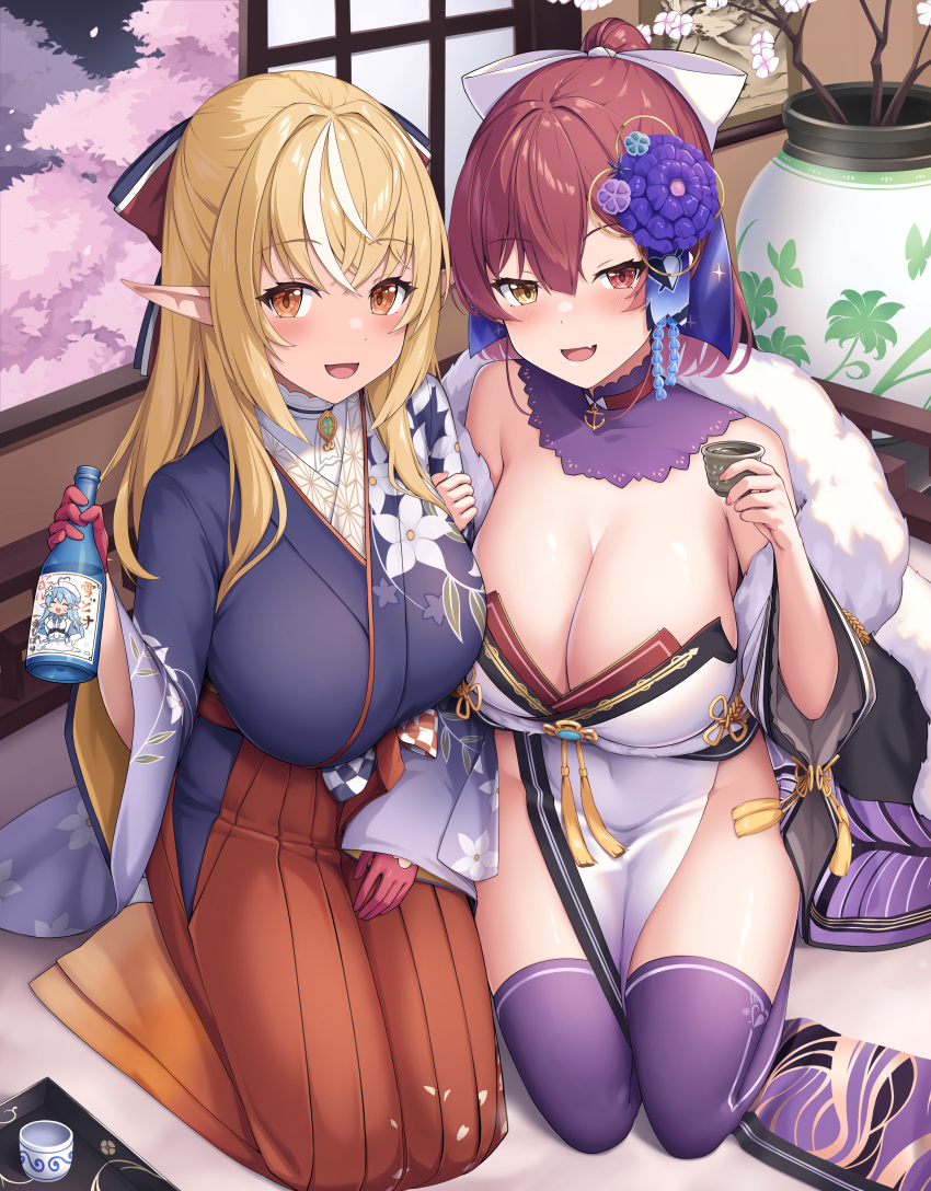 2girls absurdres black_collar black_thighhighs blonde_hair bottle breasts choko_(cup) cleavage collar cup dark-skinned_female dark_skin detached_collar fang floral_print_kimono flower gloves hair_flower hair_ornament hakama hand_on_another's_arm heterochromia highres holding holding_bottle hololive houshou_marine houshou_marine_(new_year) japanese_clothes kimono long_hair looking_at_viewer multicolored_hair multiple_girls official_alternate_costume plant pointy_ears ponytail potted_plant red_eyes red_gloves red_hair red_hakama sake_bottle shiranui_flare shiranui_flare_(new_year) sidelocks skin_fang streaked_hair thighhighs tousaki_(tousakiworks) virtual_youtuber white_hair white_kimono yellow_eyes