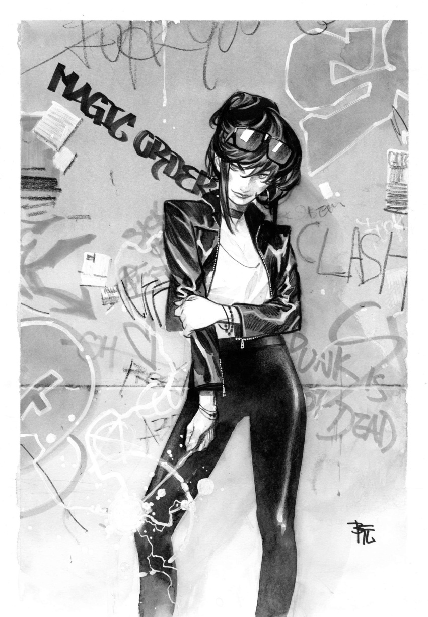 1girl bracelet breasts choker cleavage collarbone commission copyright_name cordelia_moonstone dike_ruan english_commentary eyewear_on_head graffiti greyscale highres holding holding_wand jacket jewelry leather leather_jacket looking_at_viewer monochrome pants shirt smile solo the_magic_order v-shaped_eyebrows wand western_comics_(style)