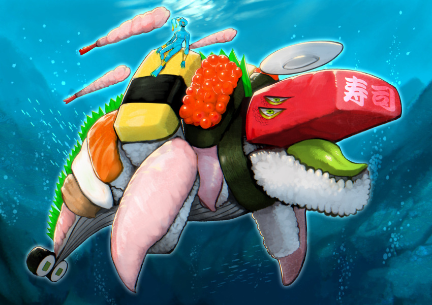 1girl abs absurdres air_bubble animal_focus arm_guards barefoot blue_skin breasts bubble colored_skin colored_tongue diving egg_(food) extra_eyes fish_(food) fish_girl flippers food food_focus green_eyes green_tongue gunkanmaki highres ikura_(food) long_arms looking_to_the_side makizushi monster monster_girl nature nigirizushi nude ocean open_mouth original plate school_of_fish shrimp sumosamo sushi tentacle_hair toned underwater wasabi whale