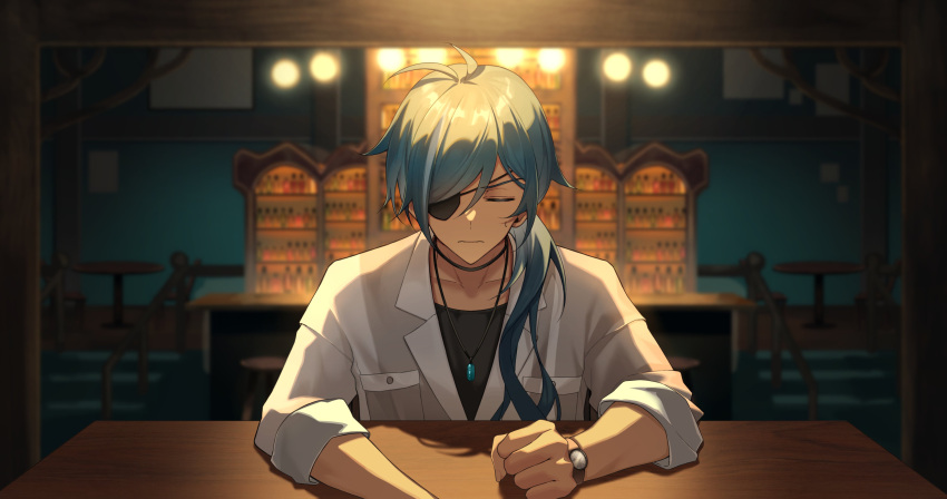 1boy absurdres alternate_costume bar_(place) black_shirt blue_hair blurry blurry_background chair clenched_hand closed_eyes closed_mouth counter dark-skinned_male dark_skin eyepatch facing_viewer genshin_impact hair_over_shoulder highres jacket jewelry kaeya_(genshin_impact) kawausoman long_hair long_sleeves low_ponytail male_focus necklace official_art shadow shirt sitting sleeves_rolled_up solo spotlight stairs sweatdrop swept_bangs table upper_body watch white_jacket wooden_table wristwatch