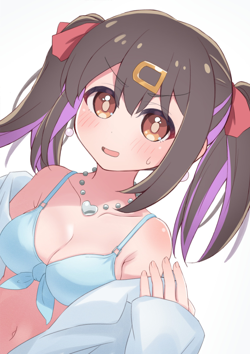 1girl bare_shoulders bikini black_hair blue_bikini blush breasts brown_eyes collarbone commentary earrings front-tie_bikini_top front-tie_top hair_between_eyes hair_ornament hair_ribbon hairclip heart heart_necklace highres jewelry lab_coat long_hair long_sleeves looking_at_viewer medium_breasts multicolored_hair navel necklace non105 off_shoulder onii-chan_wa_oshimai! open_mouth oyama_mihari purple_hair red_ribbon ribbon simple_background solo sweatdrop swimsuit twintails two-tone_hair upper_body white_background