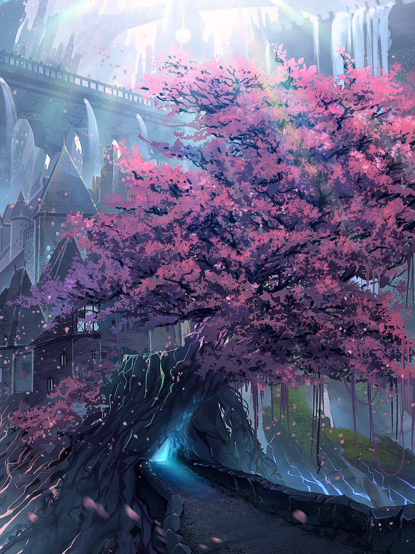 absurdres bridge building cherry_blossoms day falling_petals highres moss original outdoors petals revision smile_(qd4nsvik) sunlight tree water waterfall