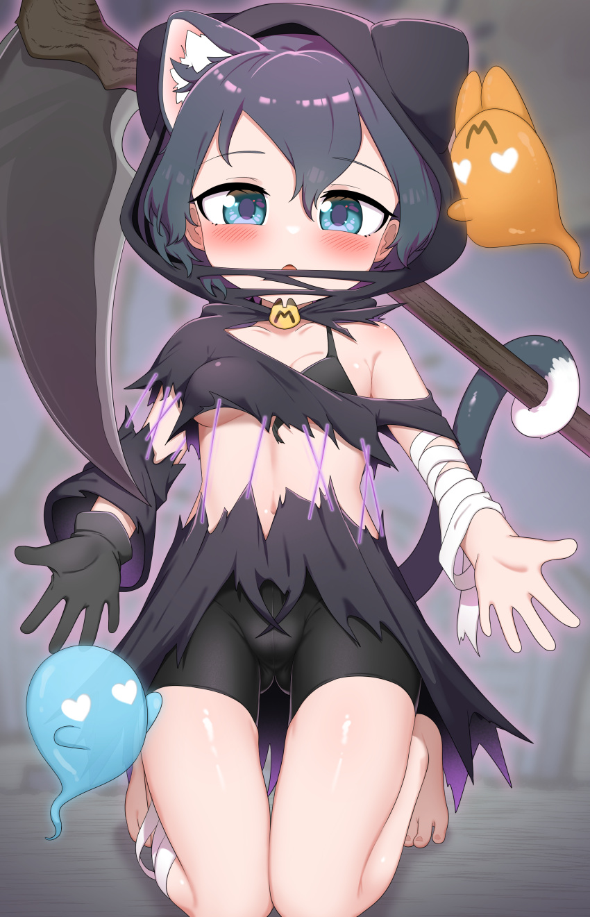 1girl absurdres animal_ears bike_shorts black_bra black_hair blush bra breasts cat_ears cat_tail chis_(js60216) ghost gloves halloween highres hood kaban_(kemono_friends) kemono_friends kemonomimi_mode looking_at_viewer scythe serval_(kemono_friends) short_hair small_breasts tail torn_clothes underwear