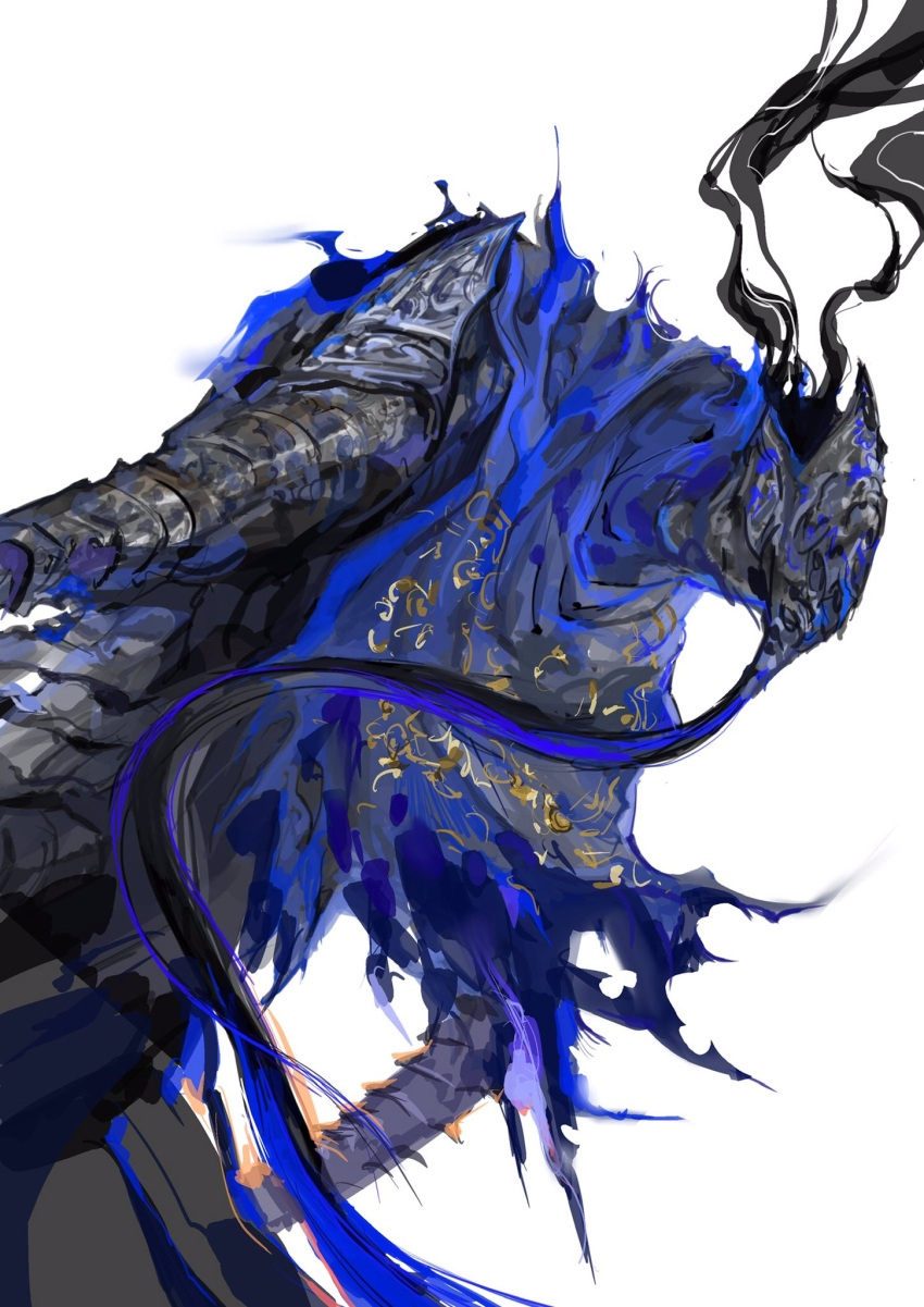 1boy armor artorias_the_abysswalker blue_cape breastplate cape cowboy_shot dark_souls_(series) dark_souls_i full_armor gauntlets grey_background helm helmet highres knight male_focus nira_(nira_box) shoulder_armor shoulder_plates simple_background solo torn_cape torn_clothes