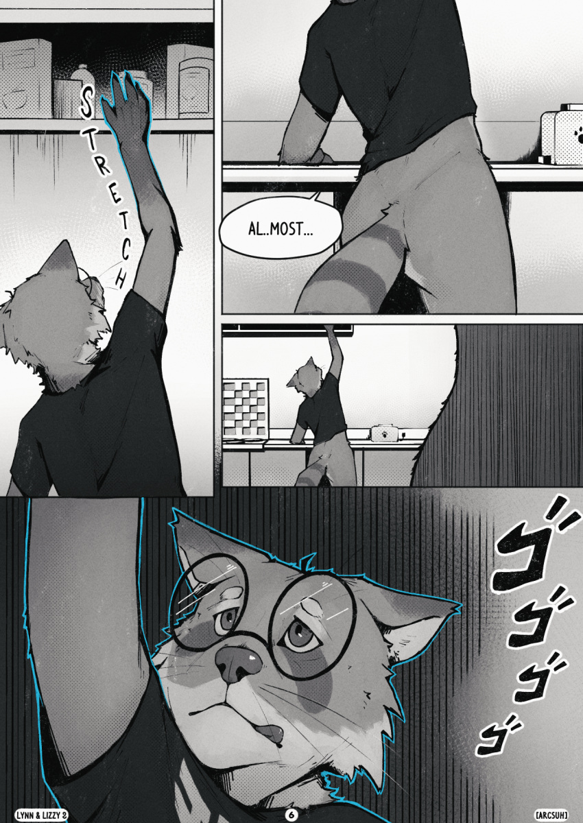 anthro arcsuh black_and_white butt clothed clothing comic dialogue digital_media_(artwork) english_text fur hi_res male mammal monochrome partially_clothed procyonid raccoon solo tail text zeek_(arcsuh)