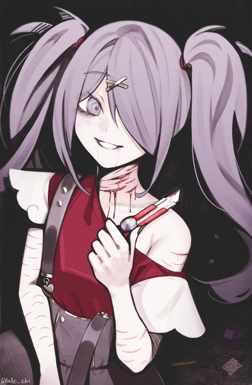 1girl @_@ ame-chan_(needy_girl_overdose) black_background bleeding blood boxcutter commentary crazy_smile cuts grey_eyes grey_hair hair_ornament hair_over_one_eye highres holding_boxcutter injury jirai_kei long_hair looking_at_viewer needy_girl_overdose pale_skin pill red_shirt saliva scar scar_on_arm scar_on_neck self-harm shirt single_bare_shoulder skirt smile solo suspender_skirt suspenders twintails upper_body vialle x_hair_ornament