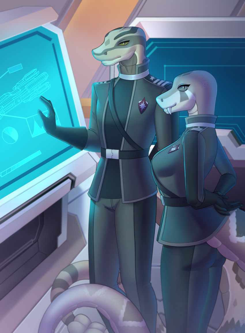 absurd_res anthro clothing console diamondback_rattlesnake duo dwayne_eliott erin_reed female hi_res male military_uniform pit_viper rattlesnake rd406 reptile scalie science_fiction ship snake spacecraft technology uniform vehicle viper watercraft