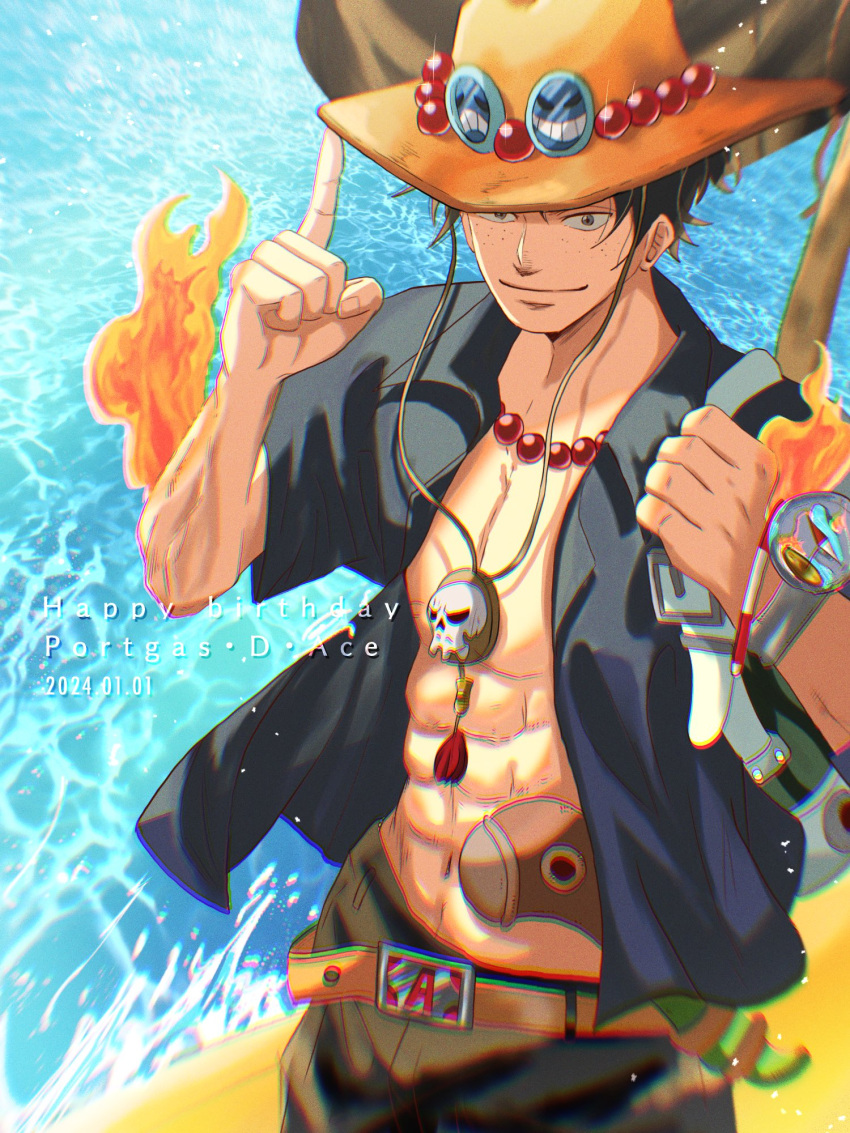 1boy abs bag belt black_hair black_shirt black_shorts bracelet commentary_request cowboy_shot fire freckles happy_birthday hat highres jewelry log_pose looking_at_viewer male_focus necklace ocean one_piece open_clothes open_shirt orange_belt orange_headwear portgas_d._ace shirt short_hair shorts shoulder_bag solo suzu_(suzuran_piece)