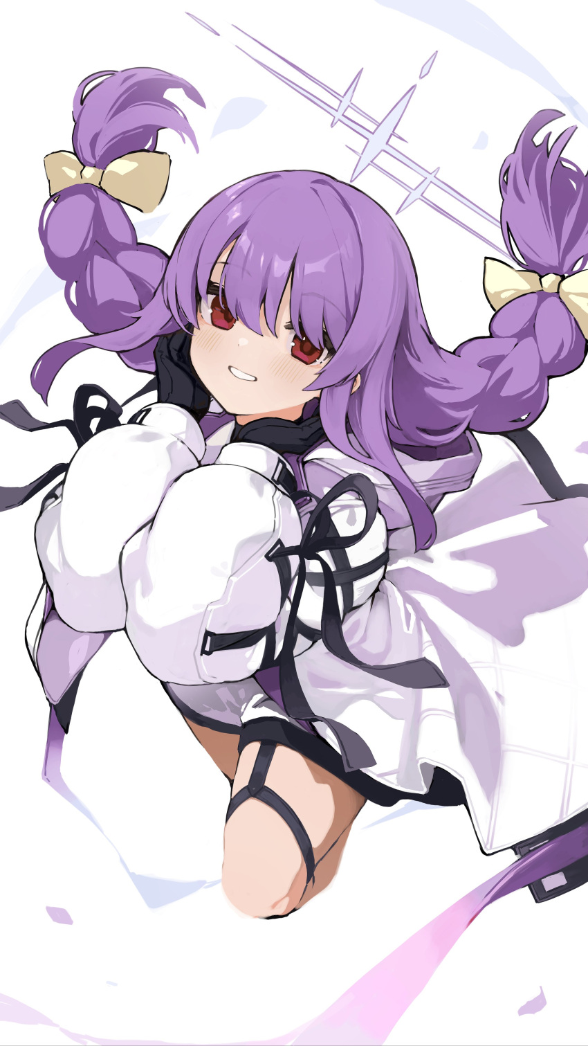 1girl absurdres atsuko_(blue_archive) black_gloves blue_archive blush braid dress gloves grey_halo halo highres hood hood_down hooded_jacket jacket loah_66 long_hair long_sleeves open_mouth purple_hair red_eyes smile solo twin_braids white_background white_dress white_jacket