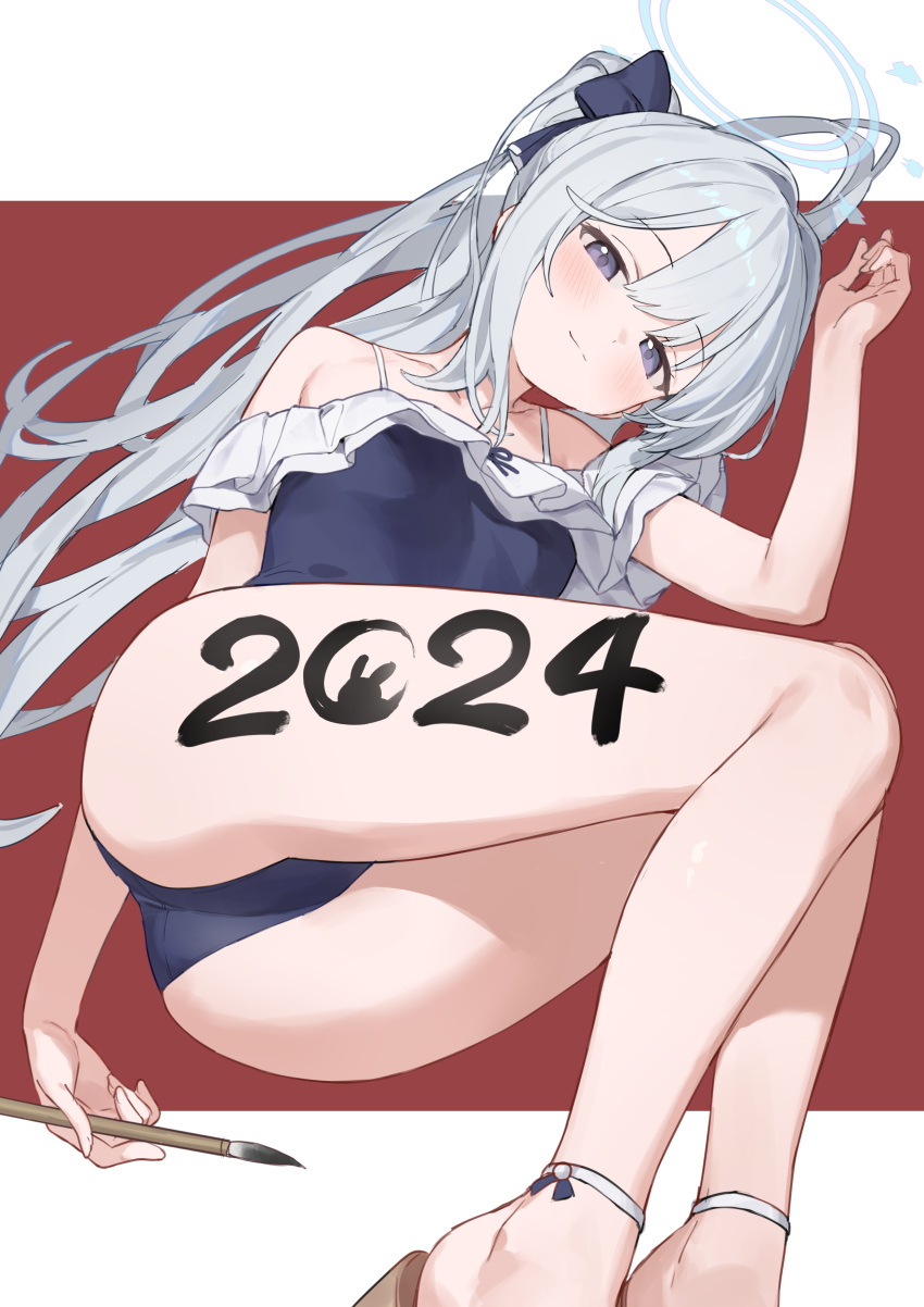 1girl absurdres ass black_one-piece_swimsuit blue_archive blue_halo blush breasts calligraphy_brush closed_mouth collarbone feet_out_of_frame frilled_one-piece_swimsuit frills grey_hair halo highres holding holding_brush long_hair miyako_(blue_archive) miyako_(swimsuit)_(blue_archive) nanmo_(nanmokamo) off-shoulder_one-piece_swimsuit off_shoulder official_alternate_costume one-piece_swimsuit paintbrush ponytail purple_eyes small_breasts smile solo swimsuit