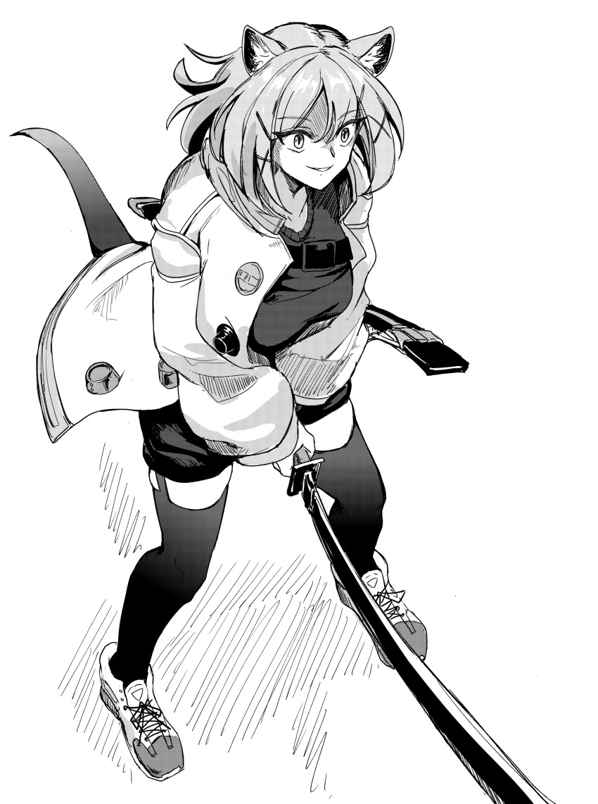 1girl absurdres animal_ears arknights black_thighhighs breasts full_body greyscale highres holding holding_weapon jacket long_sleeves monochrome open_clothes open_jacket puffy_long_sleeves puffy_sleeves purokion_katou short_hair smile solo tail thighhighs utage_(arknights) weapon white_background