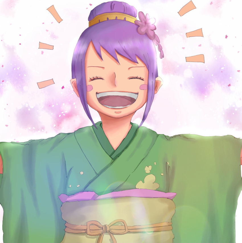 1girl ^_^ arms_up blush_stickers child closed_eyes commentary_request flower green_kimono hair_flower hair_ornament highres japanese_clothes kimono kurozumi_tama obi one_piece open_mouth purple_hair sash sidelocks smile solo suzu_(suzuran_piece)