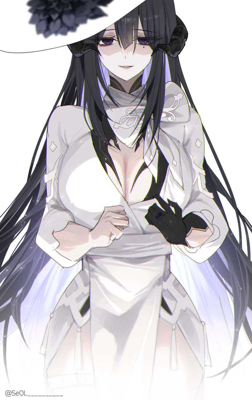 1girl absurdres baconontheclock black_gloves black_hair breasts cleavage constance_(honkai:_star_rail) cowboy_shot curled_horns dress flashing gloves hair_between_eyes highres honkai:_star_rail honkai_(series) horns huge_breasts long_hair looking_at_viewer mole mole_under_eye parted_lips purple_eyes ringed_eyes sidelocks slit_pupils smile solo twitter_username very_long_hair white_dress white_gloves white_headwear