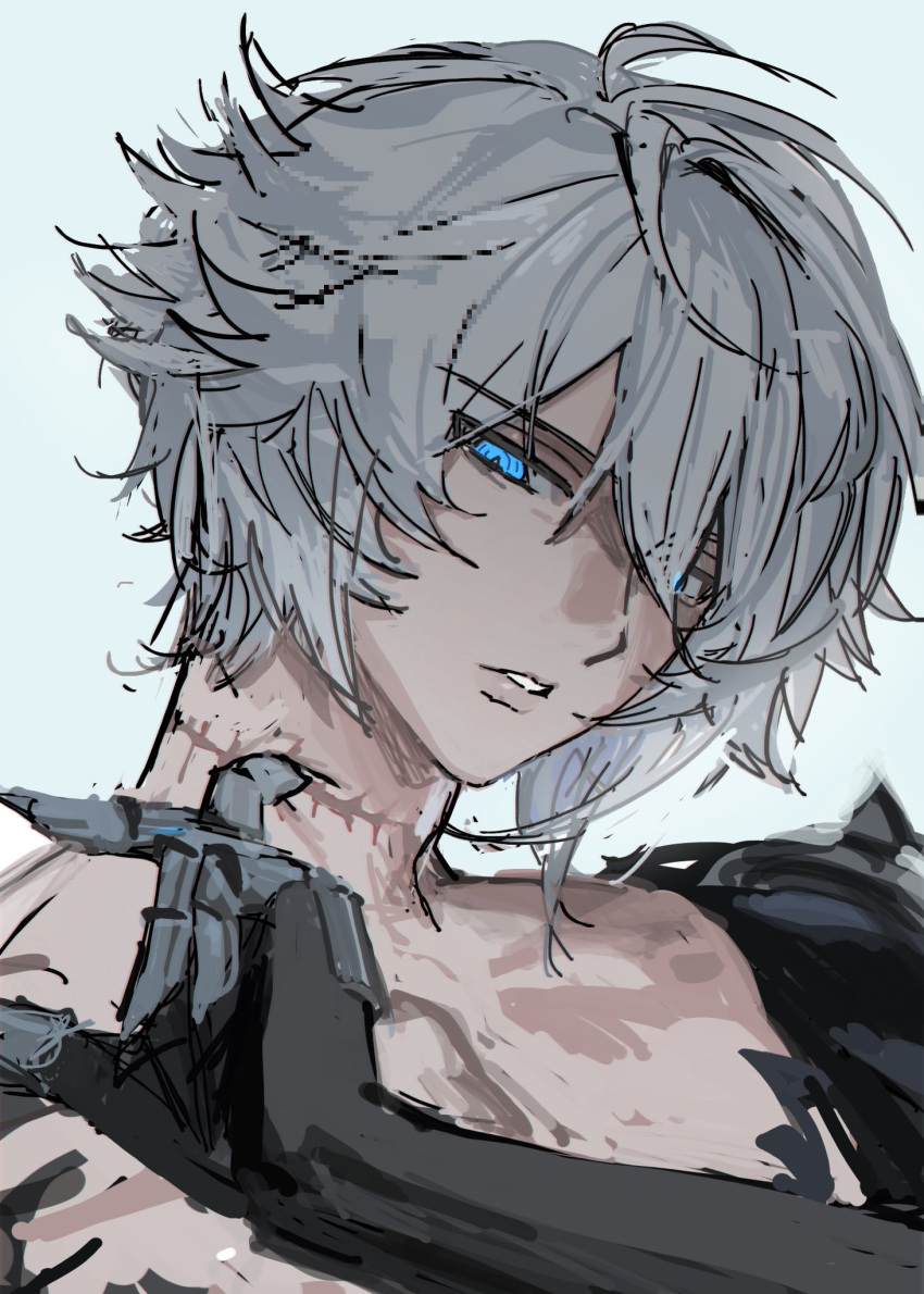 antenna_hair arm_armor armor blue_eyes empty_eyes english_commentary expressionless gloves glowing glowing_eyes granblue_fantasy granblue_fantasy_versus:_rising hair_between_eyes hand_on_own_neck head_tilt highres light_blue_background looking_down lucilius_(granblue_fantasy) messy_hair parted_lips pixelated portrait scar shoulder_armor sketch wahoosandalphon white_hair