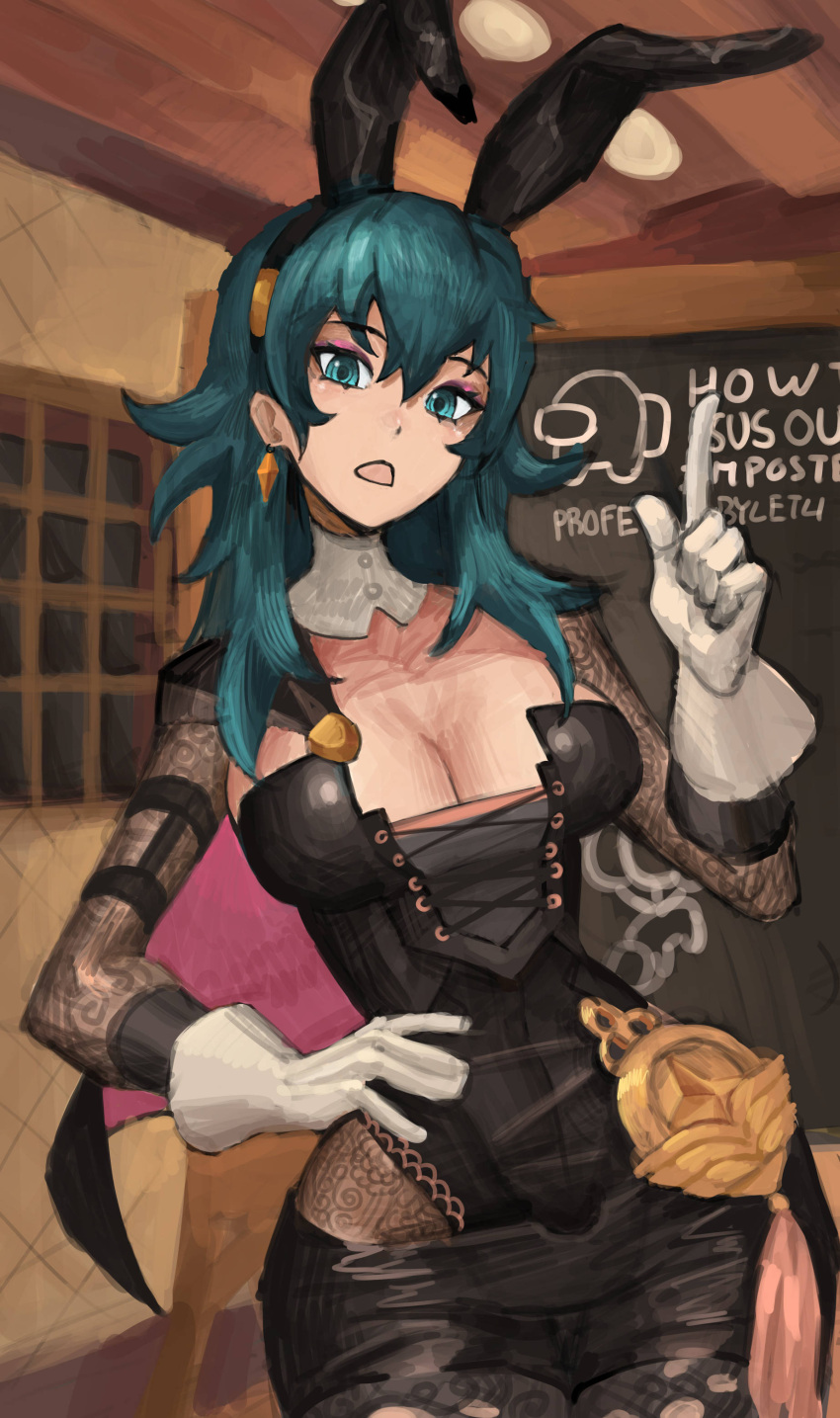1girl absurdres alternate_costume among_us animal_ears blue_eyes blue_hair breasts byleth_(female)_(fire_emblem) byleth_(fire_emblem) cleavage crewmate_(among_us) dangle_earrings earrings fake_animal_ears fire_emblem fire_emblem_heroes gloves hairband hand_on_own_hip highres jewelry large_breasts long_hair looking_at_viewer open_mouth rabbit_ears saiykik solo white_gloves