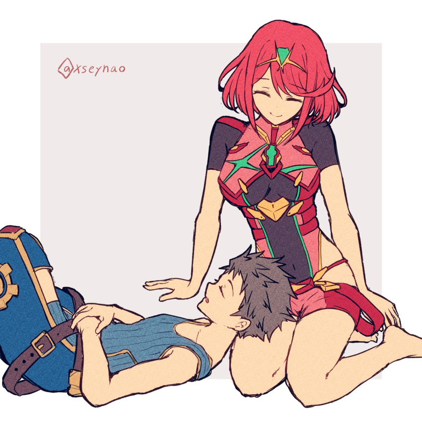 1boy 1girl barefoot belt blue_shirt breasts brown_belt brown_hair chest_jewel closed_eyes closed_mouth highres jewelry lap_pillow large_breasts lying mochimochi_(xseynao) on_back open_mouth pyra_(xenoblade) red_hair rex_(xenoblade) shirt short_hair short_sleeves shorts simple_background sleeping smile swept_bangs tiara twitter_username xenoblade_chronicles_(series) xenoblade_chronicles_2