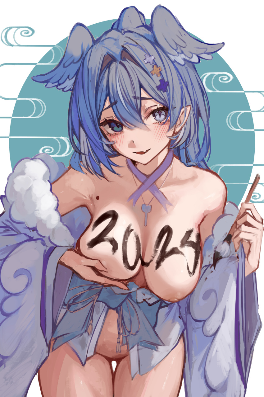 1girl 2024 absurdres bare_shoulders blue_eyes blue_hair body_writing breasts chinese_zodiac egasumi elira_pendora elira_pendora_(2nd_costume) fang fur_trim head_wings heterochromia highres holding holding_paintbrush japanese_clothes jewelry key large_breasts looking_at_viewer naokomama necklace nijisanji nijisanji_en nipples official_alternate_costume open_clothes paintbrush pointy_ears short_hair simple_background smile solo virtual_youtuber wings year_of_the_dragon