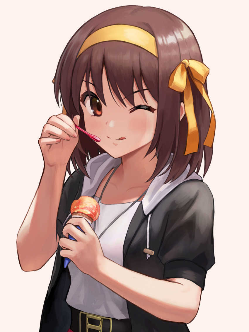 1girl ;q belt black_belt black_jacket bob_cut brown_eyes brown_hair casual collarbone commentary_request food hair_ribbon hairband highres holding holding_food holding_spoon ice_cream ice_cream_cone ice_cream_spoon ishiyuki jacket looking_at_viewer medium_hair one_eye_closed open_clothes open_jacket revision ribbon shirt short_sleeves single_scoop solo spoon suzumiya_haruhi suzumiya_haruhi_no_yuuutsu tongue tongue_out upper_body white_shirt yellow_hairband yellow_ribbon