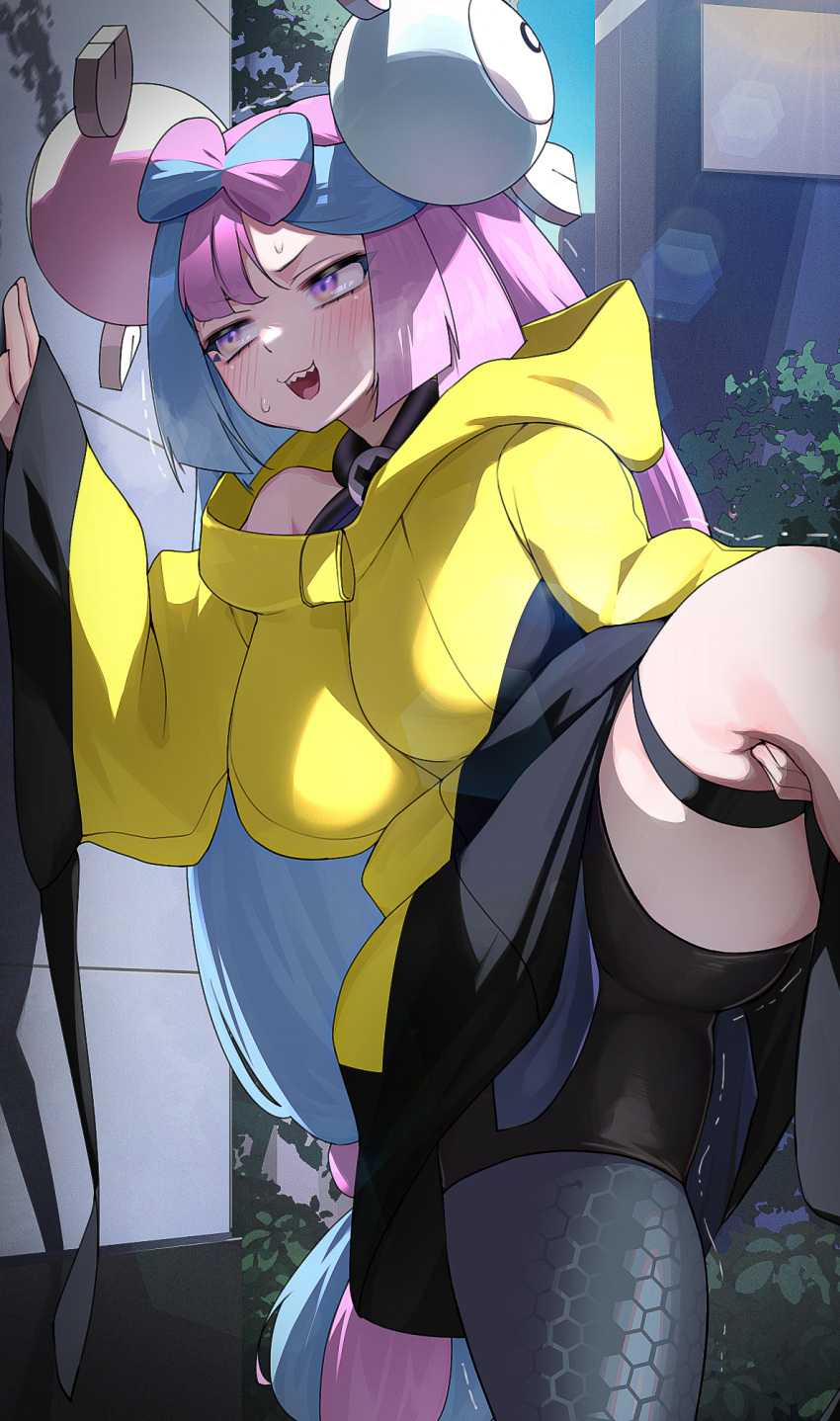 1girl blue_hair blush bow-shaped_hair breasts character_hair_ornament hair_ornament highres iono_(pokemon) jacket kashu_(hizake) large_breasts light_blue_hair long_hair long_sleeves low_twintails multicolored_hair open_mouth pink_hair pokemon pokemon_sv purple_eyes sharp_teeth sleeves_past_fingers sleeves_past_wrists solo split-color_hair spread_legs teeth textless_version trembling twintails yellow_jacket