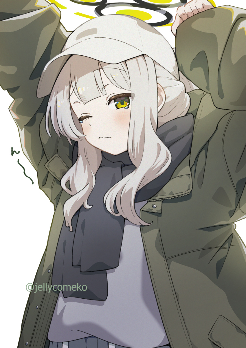 1girl arms_up black_scarf blue_archive blush closed_mouth coat commentary_request green_coat green_eyes green_halo grey_sweater halo hare_(blue_archive) hare_(camp)_(blue_archive) hat highres jellycomeko long_sleeves looking_at_viewer medium_hair official_alternate_costume one_eye_closed scarf simple_background solo stretching sweater tears twitter_username white_background white_headwear