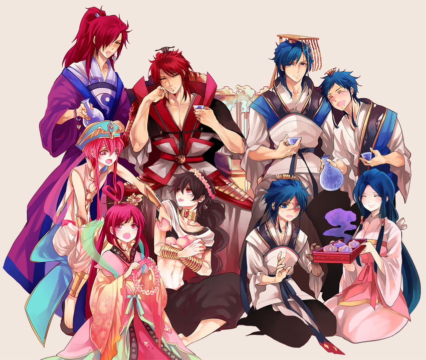 6+boys black_hair blue_eyes blue_hair brother_and_sister brothers chinese_clothes cousins crown food fruit hagoromo hanfu judal long_hair magi_the_labyrinth_of_magic mian_guan mole multiple_boys multiple_girls nair peach purple_hair red_eyes red_hair ren_hakuei ren_hakuren ren_hakuryuu ren_hakuyuu ren_kouen ren_kougyoku ren_kouha ren_koumei shawl siblings