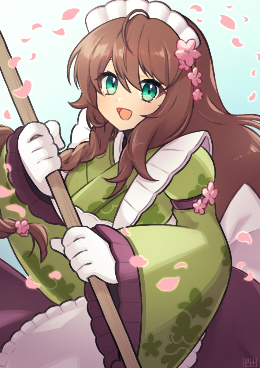 1girl ahoge brown_hair flower green_eyes green_kimono hair_flower hair_ornament highres iris_(mega_man) japanese_clothes kimono long_hair long_sleeves looking_at_viewer mega_man_(series) mega_man_x_(series) solo tobitori