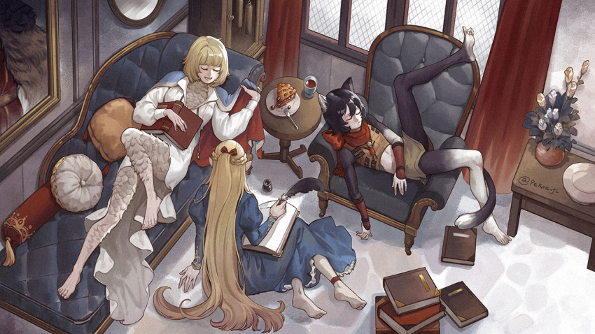 3girls alcohol animal_ears ankle_ribbon arm_at_side arm_support armchair armor bare_shoulders barefoot black_fur black_hair blonde_hair blue_dress blue_shawl bob_cut body_fur book book_stack bow braid brown_skirt cat_ears cat_girl cat_tail chair chalice clock closed_eyes couch crop_top cup curtains doll dress dungeon_meshi elf falin_thorden feathers flower food fork french_braid from_above grandfather_clock hair_bow half_updo hand_up high-low_skirt holding holding_quill indoors ink_bottle izutsumi juliet_sleeves knee_up laios_thorden leather_armor leg_lift leg_ribbon long_hair long_sleeves lying marcille_donato midriff mirror mismatched_animal_ear_colors multiple_girls on_back on_floor open_mouth pekoe-ji pie pie_slice pillow plate pointy_ears portrait_(object) puffy_long_sleeves puffy_sleeves quill red_bow red_scarf ribbon rose scarf shawl short_hair sitting skirt sleeping sleeveless spoilers tail talking twitter_username two-sided_fabric vase white_dress white_flower white_rose window wine yaad_(dungeon_meshi) yellow_flower yellow_rose yokozuwari